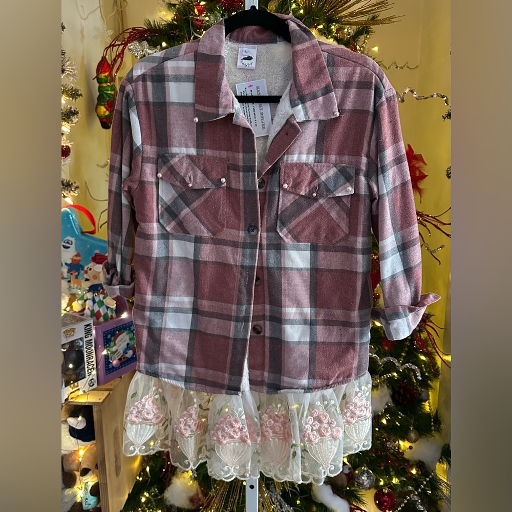 Juniors Glamor Flannel with Embroidered Lace Mesh